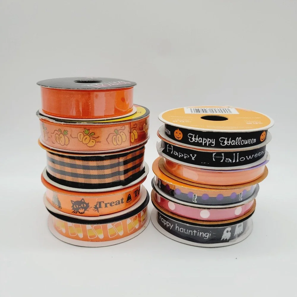 Lot 11 Piece Fall Halloween Craft Ribbon Rolls New/Used Pumpkin Ghost Cat Candy